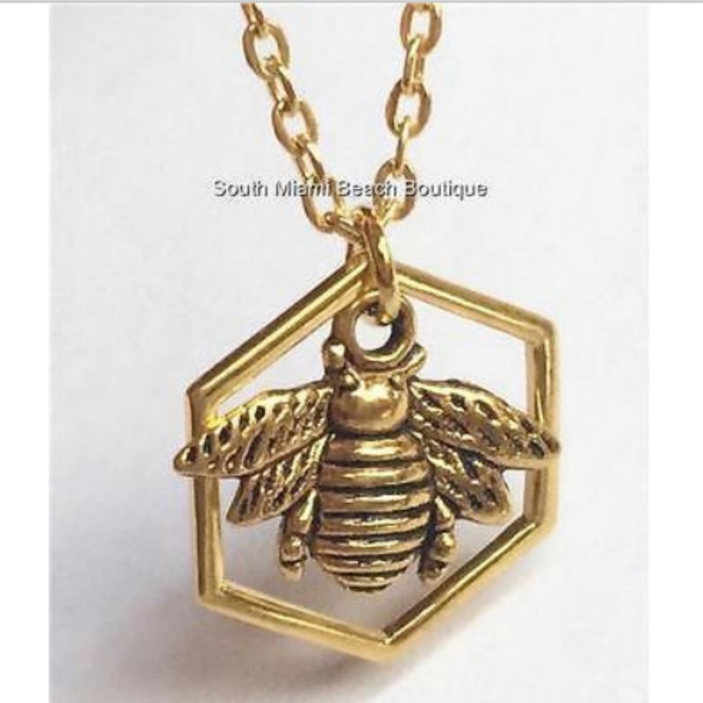 Gold Queen Bumble Bee Necklace Honeycomb 19"